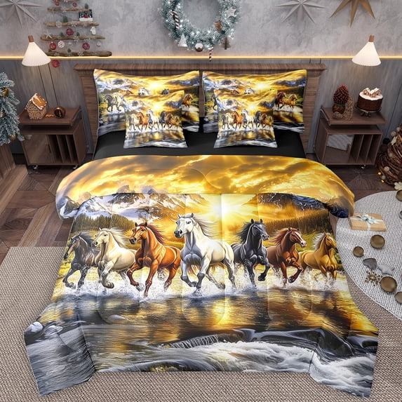 Homewish Rustic Western Farmhouse 7-Piece Bedding Comforter Set,Natural Landscape Mountain King Bedding Sets,White Brown Horse Bed Sheets For Boys Teens,Ultra Soft Home Decor Reversible