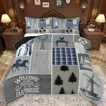 Homewish Rustic Western Farmhouse Bedding Comforter Set,Retro Windmill Twin Comforter Sets,Gray Blue Checkered Bedding Set For Boys Teens,Ultra Soft Home Decor Reversible,2 Pieces