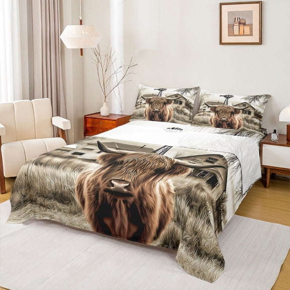 Homewish Rustic Western Farmhouse Twin Sheet Sets,Country Highland Cow Twin Fitted Sheet,Brown Gray Flat Sheet For Men Women,Ultra Soft Home Decor,3-Piece