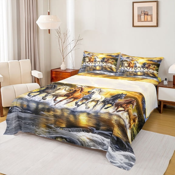 Homewish Rustic Western Farmhouse Twin Sheet Sets,Natural Landscape Mountain Twin Fitted Sheet,White Brown Horse Flat Sheet For Boys Teens,Ultra Soft Home Decor,3pcs