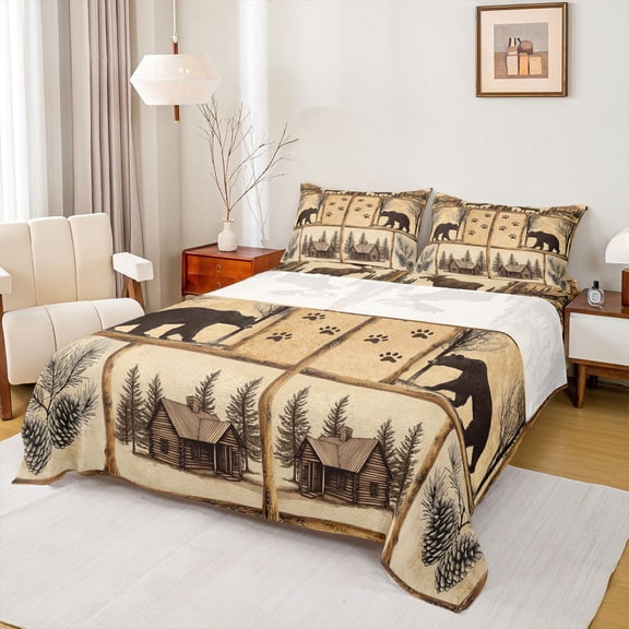 Homewish Rustic Wildlife Bear 4-Piece Queen Sheet Set, Farmhouse Lodge Cabin Bedding