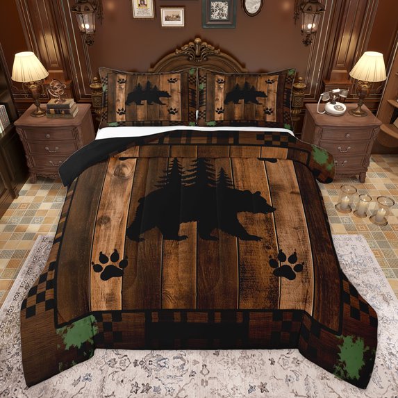 Homewish Rustic Wildlife Bear Full Size Comforter Sets for Adult, Brown Wooden Plank Bedding Comforter Set, Vintage Checkered Buffalo Reversible Bedding Sets, Breathable Home Decor, 3-Piece