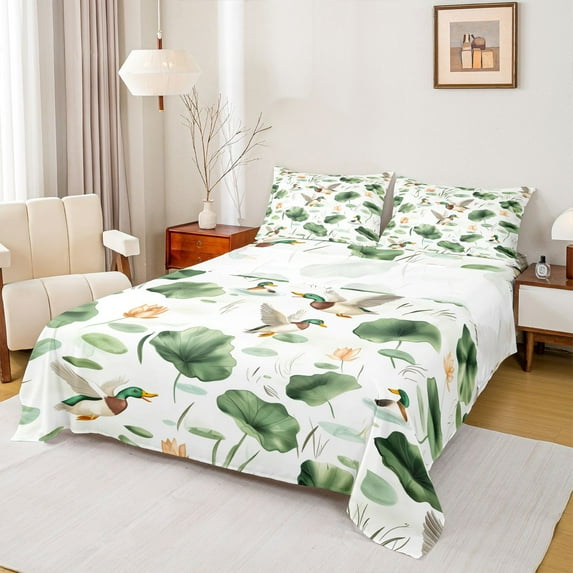 Homewish Rustic Wildlife Duck Full Size Sheets for Kids, Cartoon Lake Lotus Leaf Bed Sheets, Farmhouse Hunting Sheet Sets, Breathable Home Decor, 4 Pieces