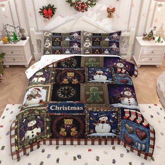 Homewish Rustic Winter Snowman Bedding Comforter Set, Christmas Western Cabin Twin Comforter Sets, Vintage Patchwork Reversible Bedding Set, Breathable Home Decor, 2pcs