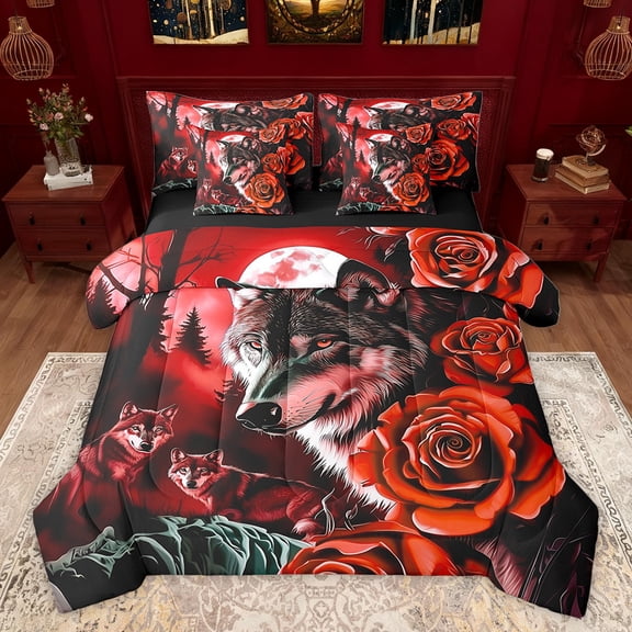 Homewish Rustic Wolf Animal Bedding Comforter Set 7pcs, Psychedelic Starry Sky King Bedding Sets, Valentines Day Rose Reversible Bed Sheets, Breathable Home Decor