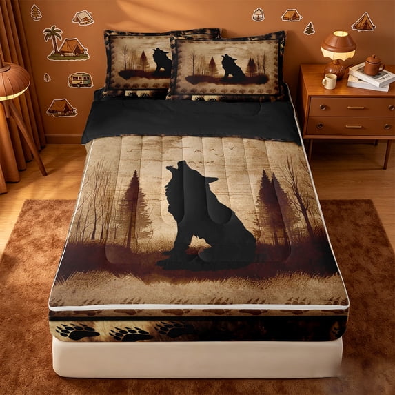 Homewish Rustic Wolf Howl Pattern Zipper Queen Comforter Set with Fitted Sheet and 2 Pillowcases,Wild Animal Paw Zipper Bedding Set For Boys,Black Reversible,4 Pieces