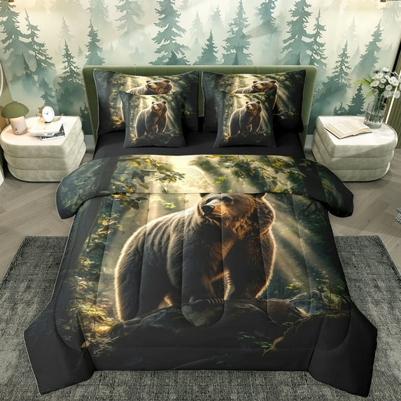 Homewish Safari Animal Bear 7 Pieces Bedding Comforter Set,Tropical Botanical Plant Full Bedding Set,Brown Green Black Fitted Sheet Flat Sheet For Boys Kids,Breathable Home Decor Reversible