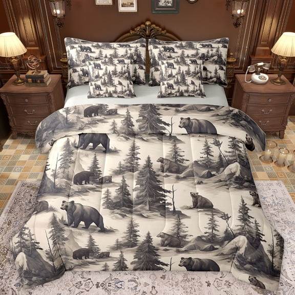 Homewish Safari Animal Bear 7pcs Bedding Comforter Set,Rustic Plant Pine Tree Queen Bedding Sets,Beige Gray Queen Sheet Sets For Adults,Super Cozy Room Decor Reversible