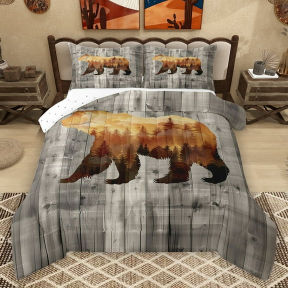 Homewish Safari Animal Bear Bedding Comforter Set,Rustic Pine Tree Twin Comforter Sets,Orange Gray Bedding Set For Boys Kids,Breathable Home Decor Reversible,2 Pieces