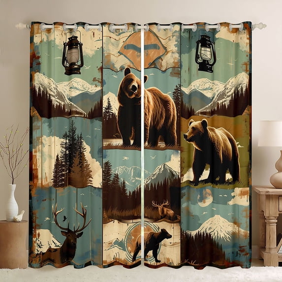 Homewish Safari Animal Bear Black Out Curtains,Jungle Wildlife Deer Curtains Pack of 2 (42x63 Each),Brown Blue Beige Bedroom Curtains For Boys Kids,Breathable Home Decor