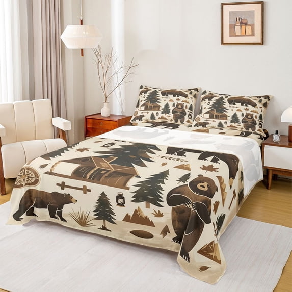 Homewish Safari Animal Bear Full Size Sheets,Rustic Farmhouse Cabin Bed Sheets,Brown Beige Sheet Sets For Boys Kids,Breathable Home Decor,4-Piece