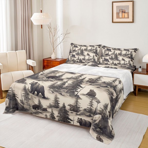 Homewish Safari Animal Bear Twin Sheet Sets,Rustic Plant Pine Tree Twin Fitted Sheet,Beige Gray Flat Sheet For Adults,Super Cozy Room Decor,3pcs