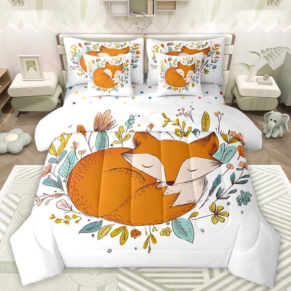 Homewish Safari Animal Fox 7-Piece Bedding Comforter Set,Colorful Country Leaves King Bedding Sets,White Orange Bed Sheets For Girl Teens,Luxury Bedroom Decor Reversible