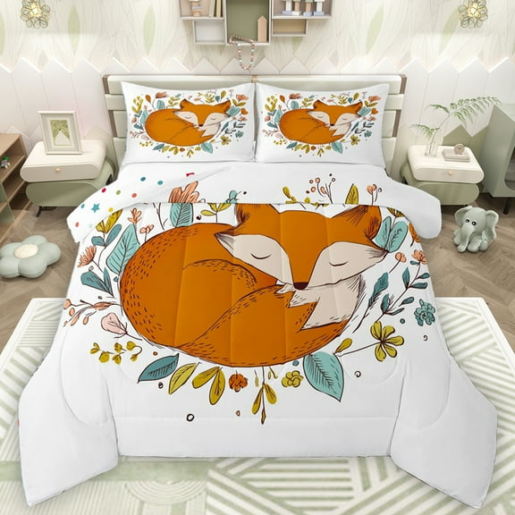 Homewish Safari Animal Fox Bedding Comforter Set,Colorful Country Leaves Twin Comforter Sets,White Orange Bedding Set For Girl Teens,Luxury Bedroom Decor Reversible,2 Pieces