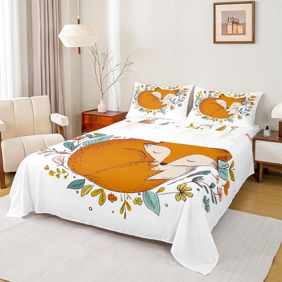 Homewish Safari Animal Fox Full Size Sheets,Colorful Country Leaves Bed Sheets,White Orange Sheet Sets For Girl Teens,Luxury Bedroom Decor,4pcs