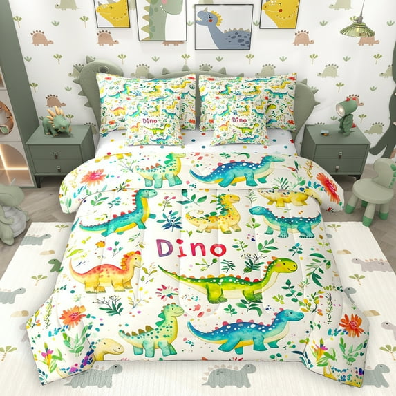 Homewish Safari Animaml Dinosaur 7-Piece Twin Bedding Sets,Watercolor Graffiti Dino Bedding Comforter Set,Beige Green Blue Sheet Sets For Boy Kids,Microfiber Bedroom Decor Reversible