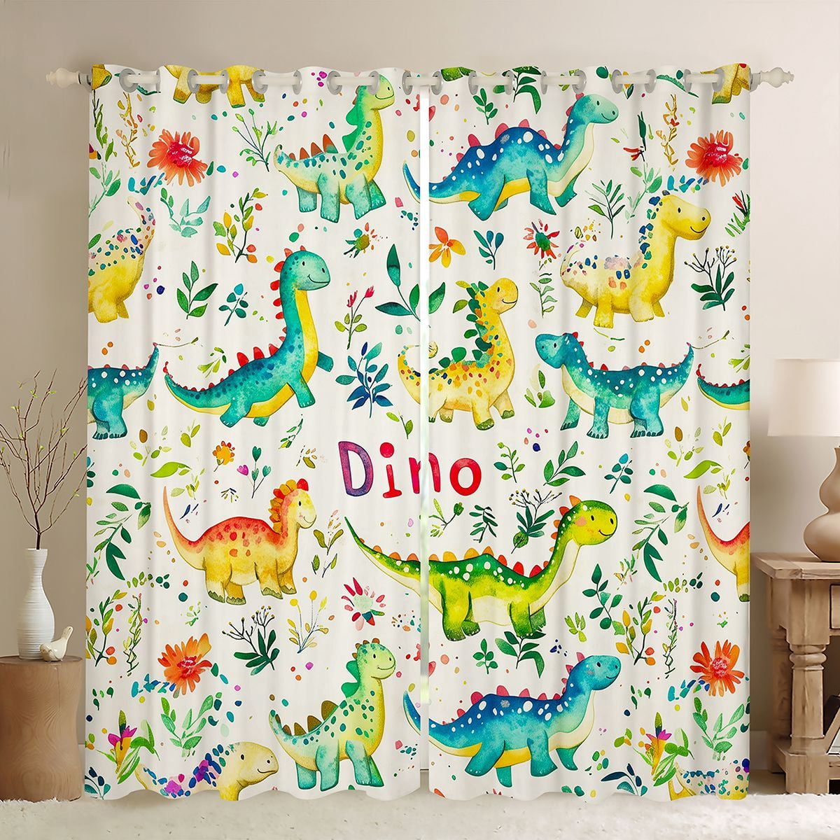 Homewish Safari Animaml Dinosaur Blackout Curtains Set of 2 (52x84 Each),Watercolor Graffiti Dino Window Curtains,Beige Green Blue Curtains and Drapes For Boy Kids,Microfiber Bedroom Decor