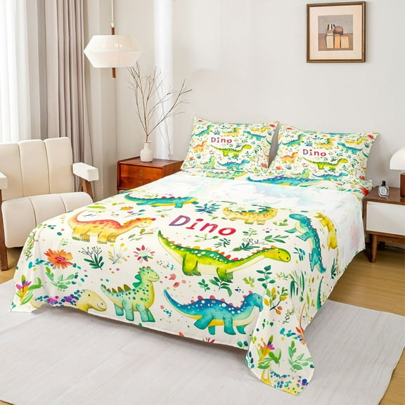 Homewish Safari Animaml Dinosaur Twin Sheet Sets,Watercolor Graffiti Dino Twin Fitted Sheet,Beige Green Blue Flat Sheet For Boy Kids,Microfiber Bedroom Decor,3-Piece