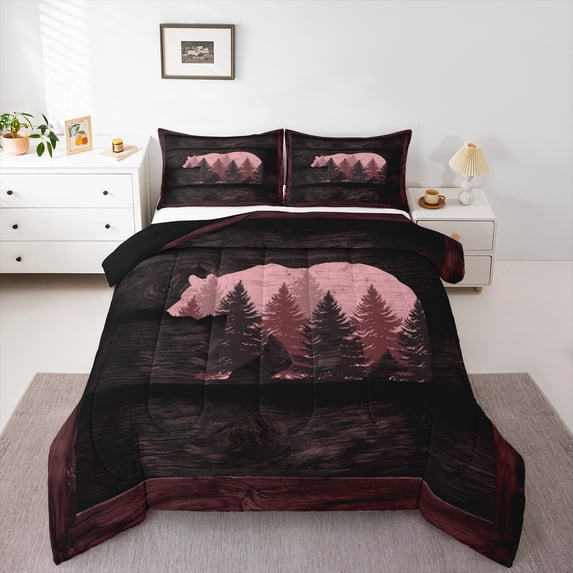 Homewish Safari Bear 3 Pieces Queen Comforter Set for Female Men Women,Jungle Animal Ultra Soft Bedding Sets,Vintage Lodge Cabin Bedding Comforter Set Breathable,Lightweight Room Decor