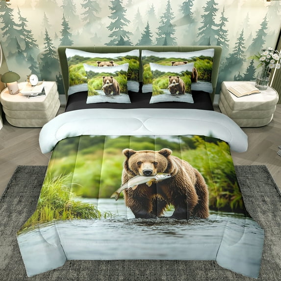 Homewish Safari Bear 7-Piece Bedding Comforter Set,Rustic Fish King Bedding Sets,Hunting And Fishing Bed Sheets For Boys Teens,Super Cozy Room Decor Reversible