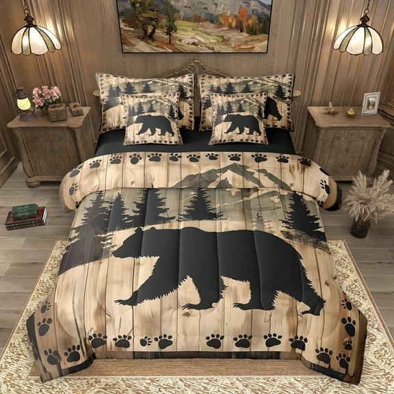 Homewish Safari Bear 7-Piece Twin Bedding Sets,Jungle Wildlife Bedding Comforter Set,Beige Black Brown Sheet Sets For Boys Teens,Microfiber Bedroom Decor Reversible