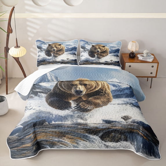 Homewish Safari Bear Bed Spread Queen,Lake House Waterfall Queen Coverlet Set,3-Piece