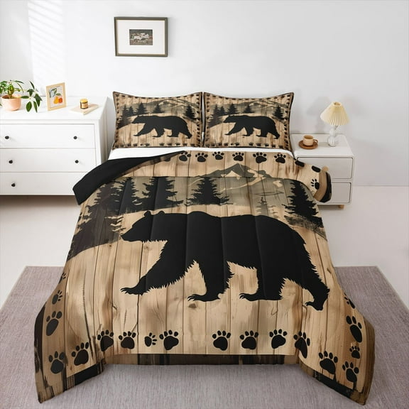 Homewish Safari Bear Bedding Comforter Set,Jungle Wildlife Twin Comforter Sets,Beige Black Brown Bedding Set For Boys Teens,Microfiber Bedroom Decor Reversible,2 Pieces