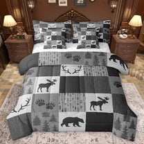 Homewish Safari Bear Deer 7-Piece Twin Bedding Sets,Jungle Animal Bedding Comforter Set,Gray White Plaid Sheet Sets For Teens,Ultra Soft Home Decor Reversible