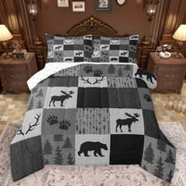 Homewish Safari Bear Deer Bedding Comforter Set,Jungle Animal Twin Comforter Sets,Gray White Plaid Bedding Set For Teens,Ultra Soft Home Decor Reversible,2 Pieces
