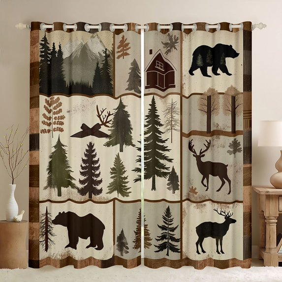 Homewish Safari Bear Deer Black Out Curtains,Jungle Wildlife Curtains Pack of 2 (42x63 Each),Brown Beige Green Bedroom Curtains For Boys Teens,Microfiber Bedroom Decor