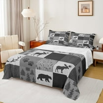 Homewish Safari Bear Deer Twin Sheet Sets,Jungle Animal Twin Fitted Sheet,Gray White Plaid Flat Sheet For Teens,Ultra Soft Home Decor,3 Pieces