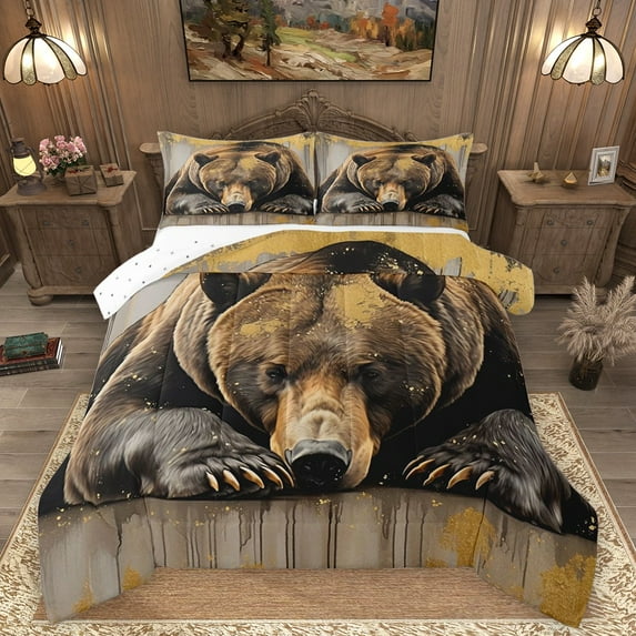 Homewish Safari Bear Full Size Comforter Sets 3-Piece for Female Men Adults,Woodland Animal Bedding Comforter Set,Graffiti Splash Lightweight Bedding Sets,Ultra Soft Home Decor,Reversible
