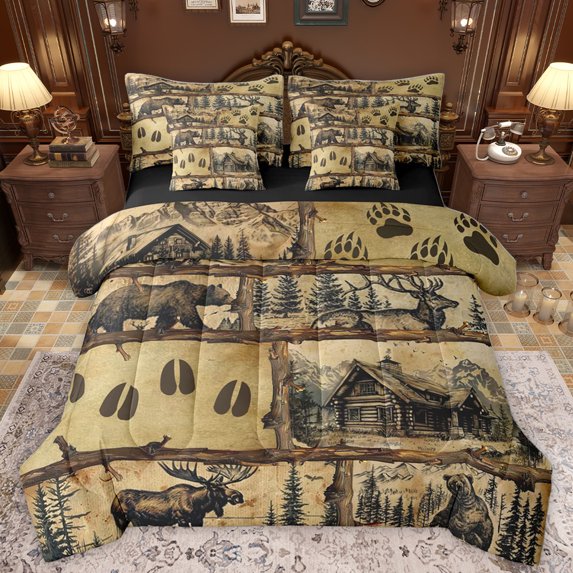 Homewish Safari Bear Moose 7-Piece Bedding Comforter Set,Country Farmhouse King Bedding Sets,Jungle Animal Bed Sheets For Adults,Super Cozy Room Decor Reversible