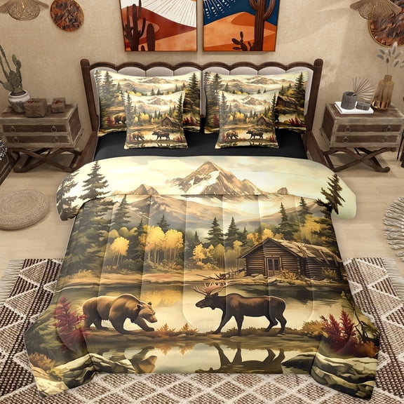 Homewish Safari Bear Moose 7-Piece Bedding Comforter Set,Rustic Farmhouse Cabin King Bedding Sets,Autumn Country Plant Bed Sheets For Boys Teens,Super Cozy Room Decor Reversible