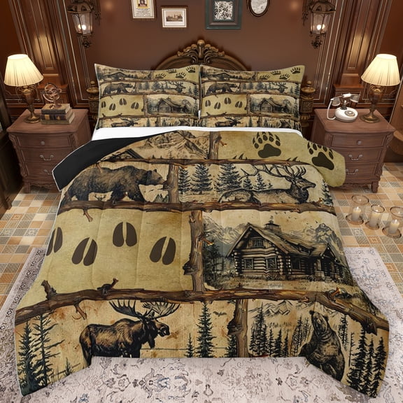 Homewish Safari Bear Moose Bedding Comforter Set,Country Farmhouse Twin Comforter Sets,Jungle Animal Bedding Set For Adults,Super Cozy Room Decor Reversible,2pcs