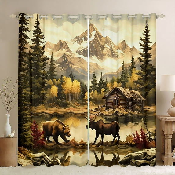 Homewish Safari Bear Moose Black Out Curtains,Rustic Farmhouse Cabin Curtains Pack of 2 (42x63 Each),Autumn Country Plant Bedroom Curtains For Boys Teens,Super Cozy Room Decor