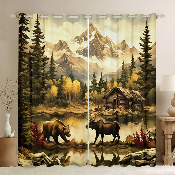 Homewish Safari Bear Moose Black Out Curtains,Rustic Farmhouse Cabin Curtains Pack of 2 (42x63 Each),Autumn Country Plant Bedroom Curtains For Boys Teens,Super Cozy Room Decor