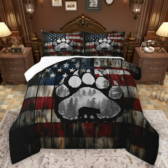 Homewish Safari Bear Paws Bedding Comforter Set,American Flag Print Twin Comforter Sets,Rustic Western Bedding Set For Kids,Breathable Home Decor,2 Pieces