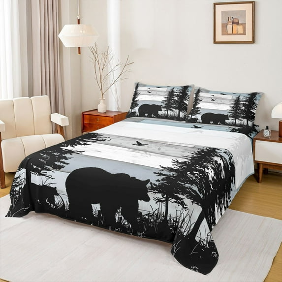 Homewish Safari Bear Queen Sheet Sets,Jungle Wildlife Flat Sheet,Old Wooden Board Queen Fitted Sheet For Boys Kids,Breathable Home Decor,4 Pieces