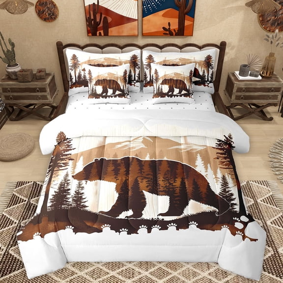 Homewish Safari Bear Silhouette 7-Piece Twin Bedding Sets,Jungle Animal Bedding Comforter Set,Brown White Sheet Sets For Boys Kids,Breathable Home Decor Reversible