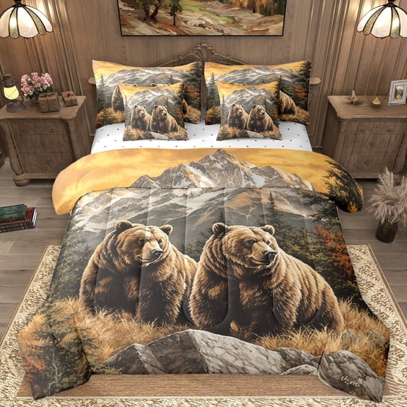 Homewish Safari Bear Twin Bedding Sets 7-Piece for Female Men Adults,Woodland Animal Bedding Comforter Set Microfiber,Jungle Animal Breathable Sheet Sets,Ultra Soft Home Decor,Reversible