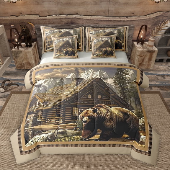 Homewish Safari Bear Twin Bedding Sets 7-Piece for Teenagers,Jungle Animal Bedding Comforter Set Microfiber,Woodland Vintage Cabin Breathable Sheet Sets,Luxury Bedroom Decor,Reversible