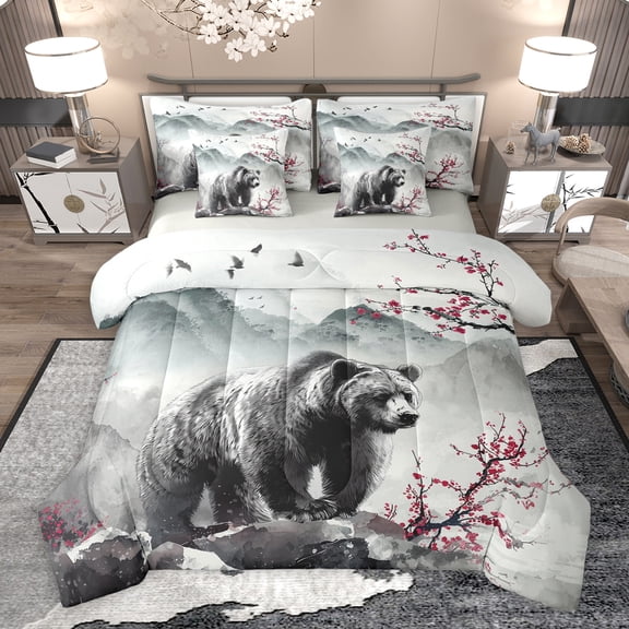 Homewish Safari Bear Twin Bedding Sets 7-Piece for Teens Boys Girls,Japanese Style Bedding Comforter Set Microfiber,Chic Floral Sakura Breathable Sheet Sets,Luxury Bedroom Decor,Reversible