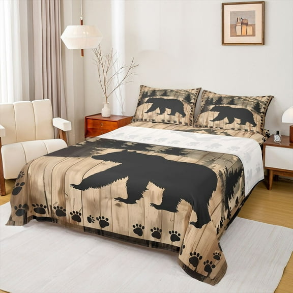 Homewish Safari Bear Twin Sheet Sets,Jungle Wildlife Twin Fitted Sheet,Beige Black Brown Flat Sheet For Boys Teens,Microfiber Bedroom Decor,3 Pieces