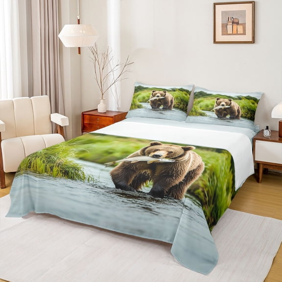 Homewish Safari Bear Twin Sheet Set (3-Piece) Rustic Fish Hunting Fishing Decor For Boys Teens