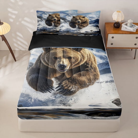 Homewish Safari Bear Zipper Twin Comforter Sets with Fitted Sheet and 2 Pillowcases,Lake House Waterfall Zipper Bedding Set,Black Reversible,4-Piece