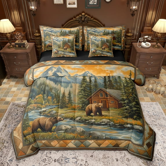 Homewish Safari Bears Boy Girl Bedding Comforter Set 7pcs,Rustic Jungle Cabin Cottage Queen Bedding Sets Super Cozy,Jungle Animal Wildlife Queen Sheet Sets,Ultra Soft Home Decor,Reversible