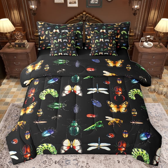 Homewish Safari Bug 7pcs Bedding Comforter Set,Rustic Animal Queen Bedding Sets,Green Black Brown Queen Sheet Sets For Boys Kids,Microfiber Bedroom Decor Reversible