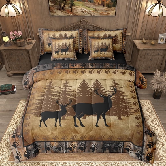 Homewish Safari Deer 7-Piece Bedding Comforter Set For Female Men Adults,Rustic Cabin King Bedding Sets,Jungle Animal Ultra Soft Bed Sheets,Lightweight Room Decor,Reversible