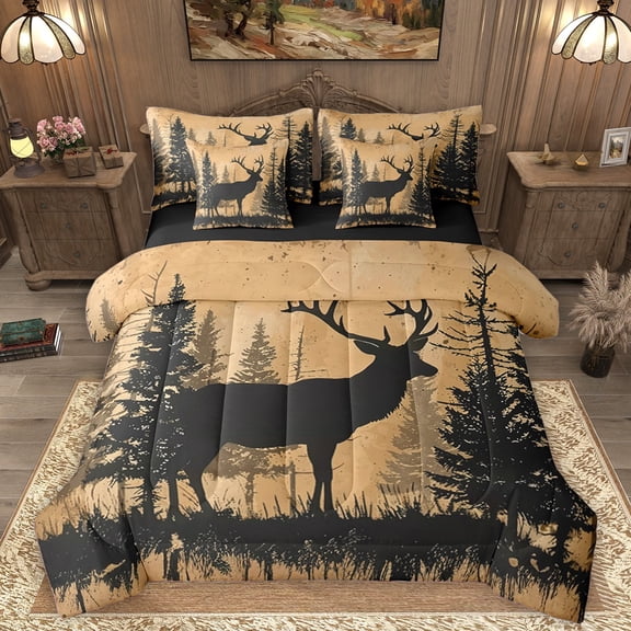 Homewish Safari Deer 7-Piece Twin Bedding Sets For Female Men Adults,Retro Vintage Bedding Comforter Set,Woodland Animal Wildlife Breathable Sheet Sets,Lightweight Room Decor,Reversible